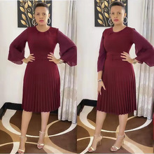 速卖通wish新款长袖中长款纯色连衣裙非洲女装加大码百褶裙送腰带