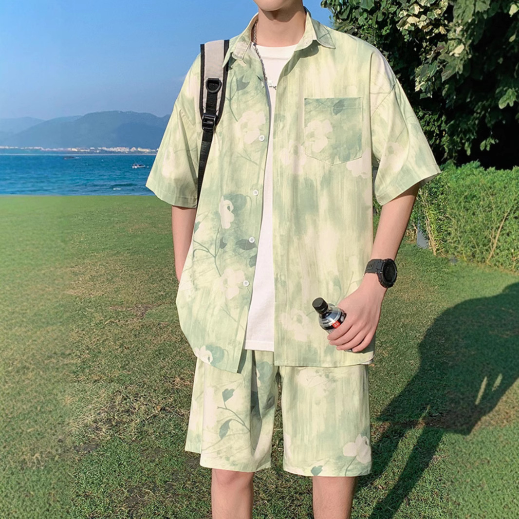 비치 셔츠 남성용 반팔 아이스 실크 해변 휴가 남성 의류 싼야 여행 착용 소년 하와이 커플 슈트