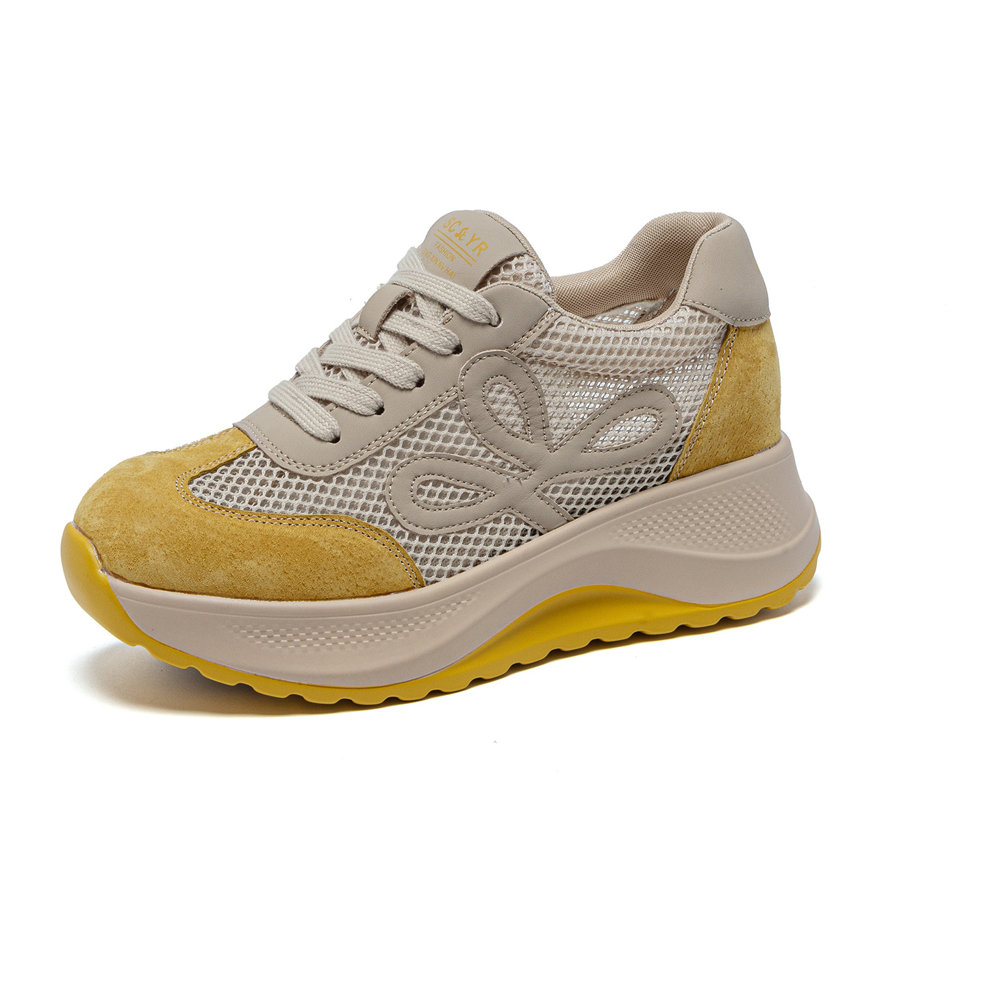 Giày sneaker nữ chunky đế dày phối màu da thật phong cách retro — M2915-1 Beige Lưới Xuyên, M2915-1 Vàng Lưới Xuyên