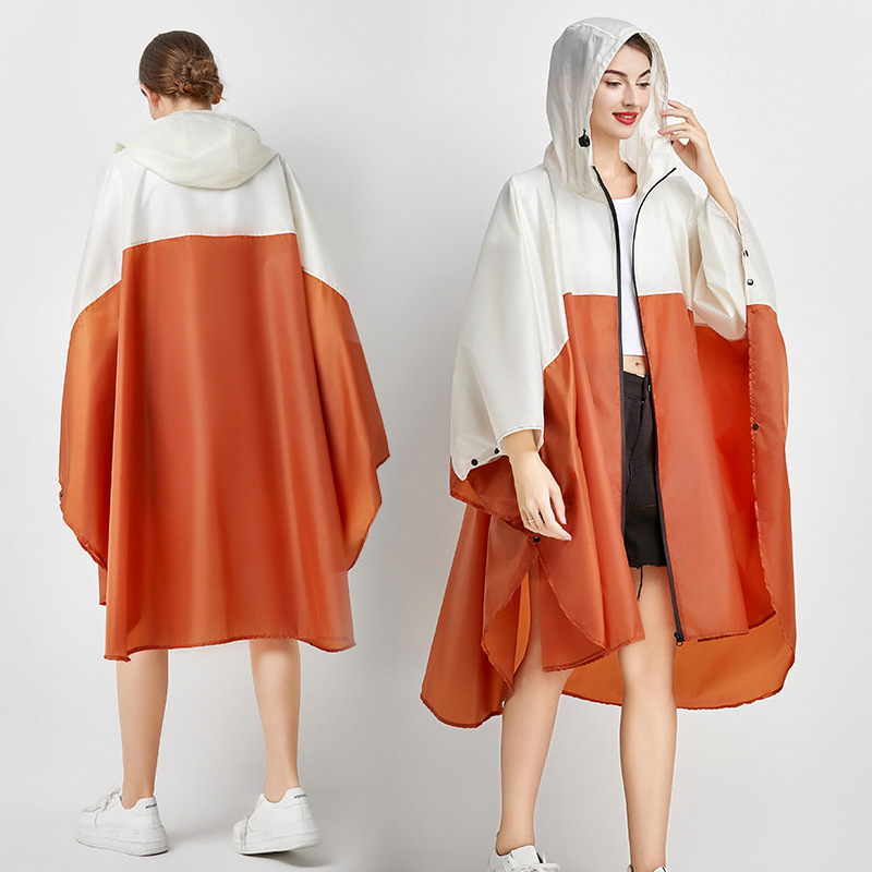Cross-Border Custom-Made Adult Women's Color-Blocked Polyester Rain Poncho with Multifunctional Adjustable Hood and Waterproof Zipper