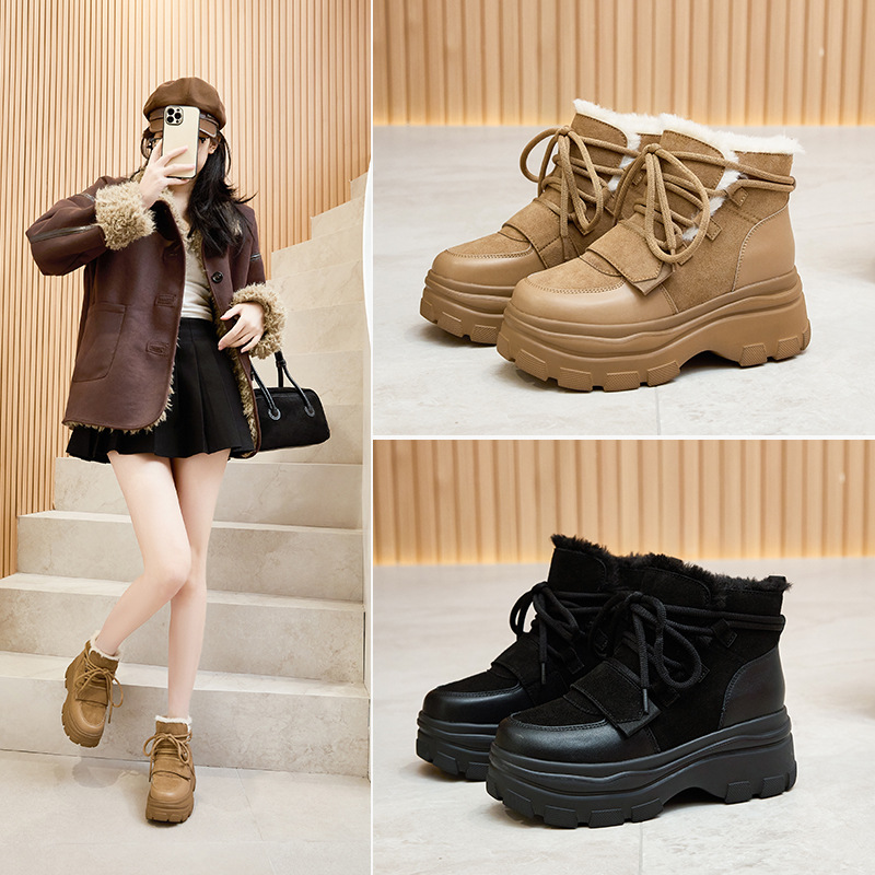 여성을 위한 천연 가죽 두꺼운 밑창 스노우 부츠, 모피 일체형 2025 새로운 겨울 벨벳 두꺼운 따뜻한 여성용 대형 면화