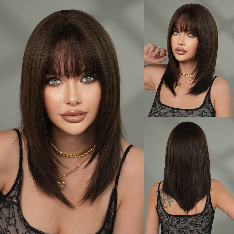 Cross-border Wig Women's Chest Black Brown High-level Straight Hair Air Bangs Mid-length high quality Wig Full Top Cross-border Wig Women's Chest Black Brown High-level Straight Hair Air Bangs Mid-length high quality Wig Full Top
