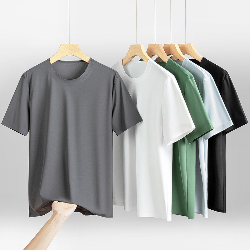 Summer Men's Ice Silk Short-Sleeved Solid Color Round Neck Top Men's Half-Sleeved Loose Quick-Drying Seamless T-Shirt Large Size Loose