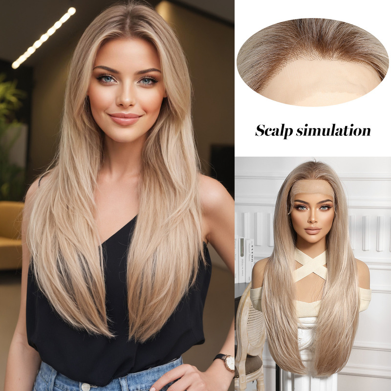 Chemical fiber 13x 6 HD front lace wig shoulder length beige medium long curly hair high temperature resistant hairline comfort