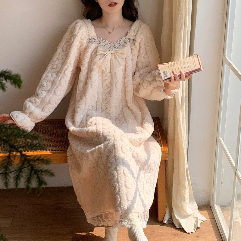파자마 여성 겨울 두꺼운 따뜻한 플란넬 요정 달콤한 긴 나이트드레스 긴팔 산호 양털 공주 스타일 홈 의류