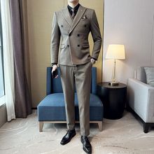 秋冬毛呢西装套装男感双排扣男装加厚妮子修身西服正装英伦风