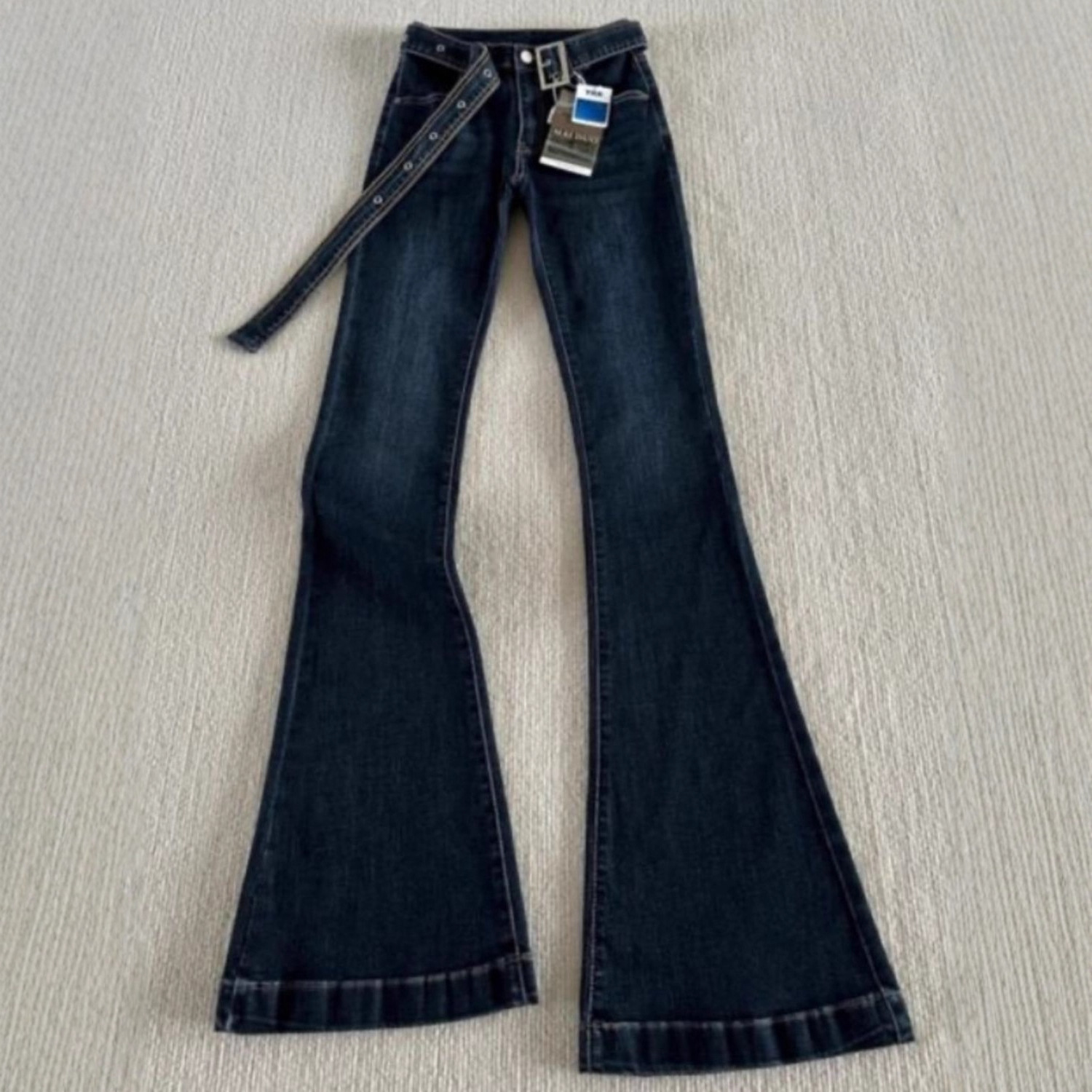 Women's Extra Long Flared Jeans 175 Cm Tall Dark Blue Low Waisted Slim Fit Stretchy Floor Length_voghion.com