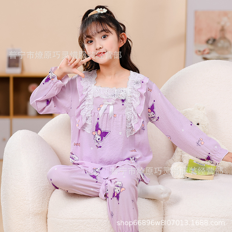 Pijama de niñas primavera y otoño dibujos animados tela espuma de tela delgada manga larga lindo ropa para niños de tamaño medio y grande ropa para el hogar