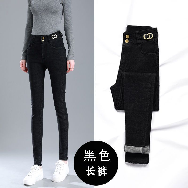 高腰加绒牛仔裤女秋冬新款小脚弹力修身显瘦薄绒厚绒铅笔长裤|undefined