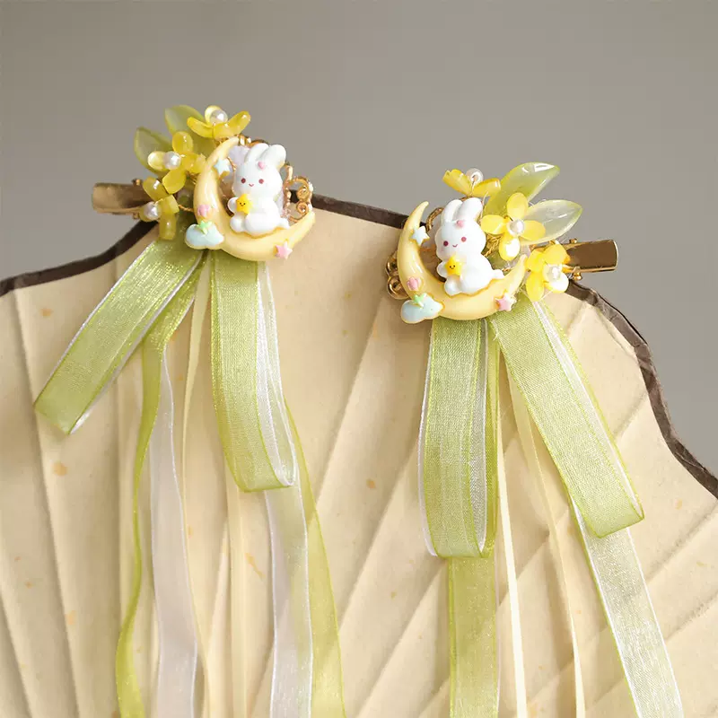 新款古风儿童对夹月亮兔子桂花飘带发夹古装汉服日常穿搭配饰头饰