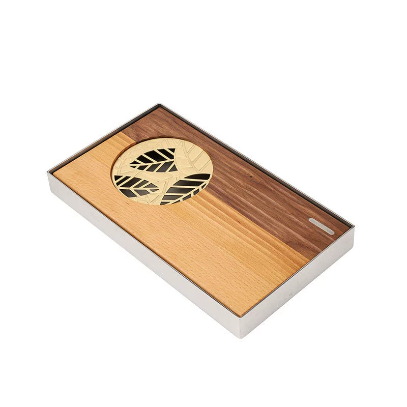 304 stainless steel tea tray household small high-end walnut dry brewing station square office solid wood tea tray