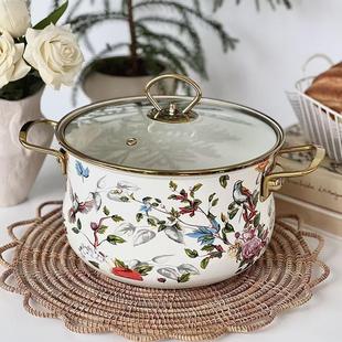 Thickened Enamel Stew Pot with Gold-Rimmed Double-Handle Glass Lid, Thickened Enamel Soup Pot, Enamel Stew Pot, Enamel Pot for Home Use