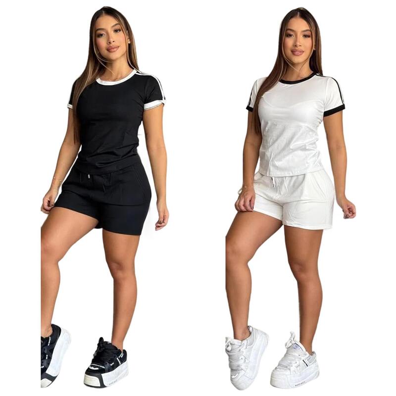 European and American Cross-Border Casual Set, Summer Fashion Slim-Fit Embroidered Pocket Sports Striped Short-Sleeve Shorts J5196