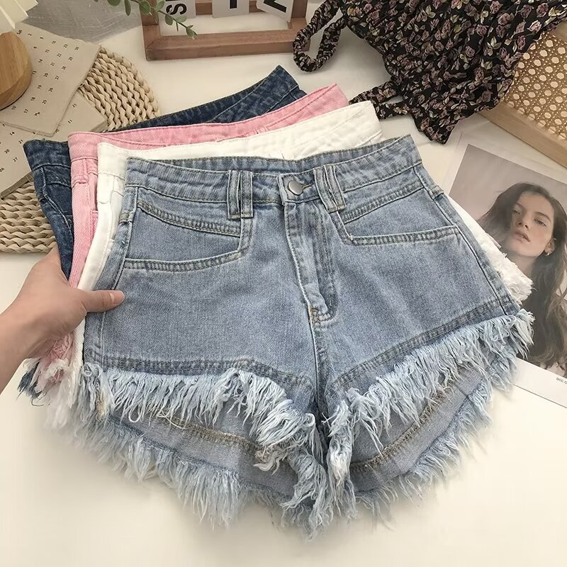 American retro frayed fringe hot girl Denim shorts women's summer loose all-match high waist A- line wide leg hot pants fashion American retro frayed fringe hot girl Denim shorts women's summer loose all-match high waist A- line wide leg hot pants fashion