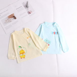 Baby Top spring and summer thin men's and women's bamboo fiber round neck shoulder buckle infant 0-3 years old bottoming long sleeve T-shirt