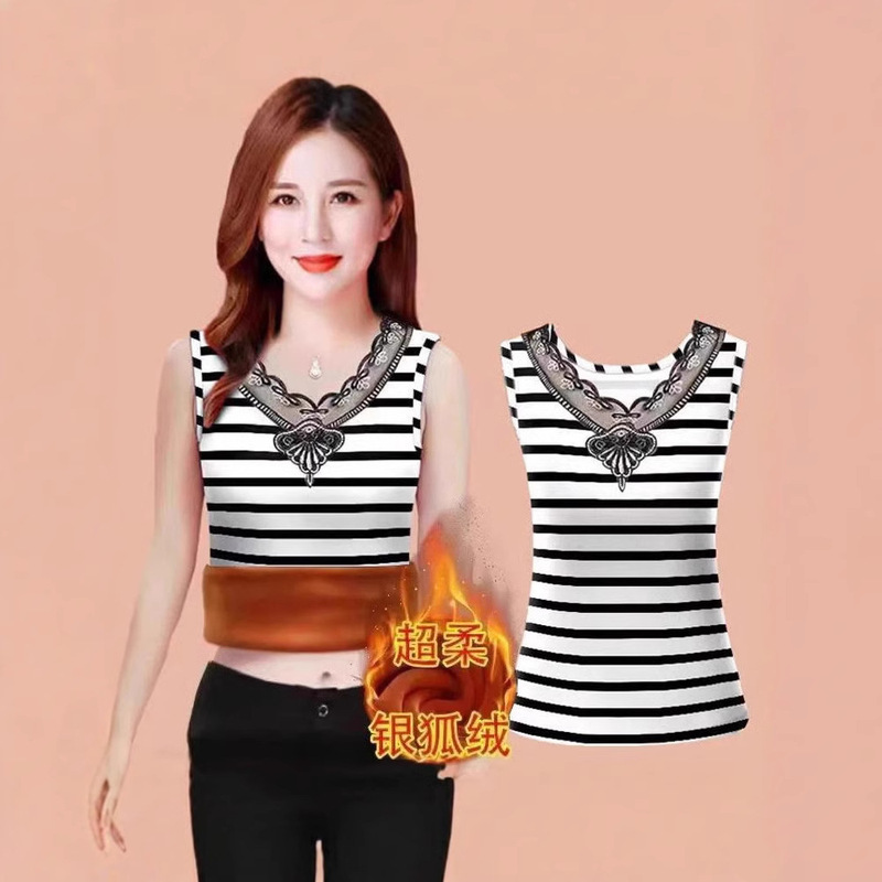 Autumn and Winter New Warm Vest Women's Fashionable Striped Old Lady Vest with Thickened fleece-lined Elastic Base Shirt