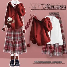 新款冬季一整套女学生圣诞新年战袍连帽毛衣衬衫领带格子裙四件套