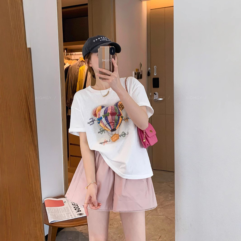 Spring is not late pink round neck short sleeve printed T-shirt women's 2025 summer new loose slim casual top