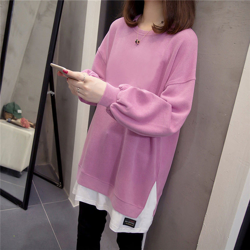 Cotton Plus-Size Faux Two-Piece Sweatshirt for Women, Autumn and Winter Short-Sleeve Mid-Length T-Shirt, Casual Versatile Top, Loose and Slimming