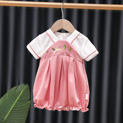 Summer baby ancient style embroidery pure cotton short sleeve onesie for newborn girls, fashionable for outdoor Hanfu-style pinafore climbing suit