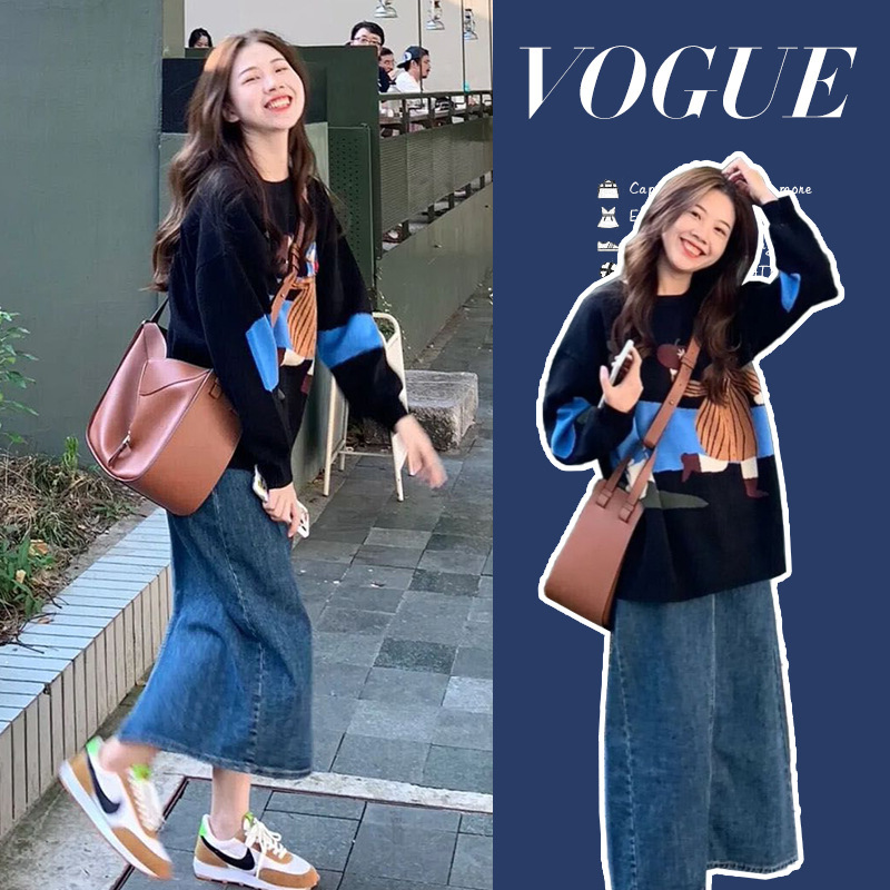 Pregnant Women's Spring and Autumn Sweater Denim Skirt Fashion suit 2024 New Small Stylish Fashionable Two-piece Set