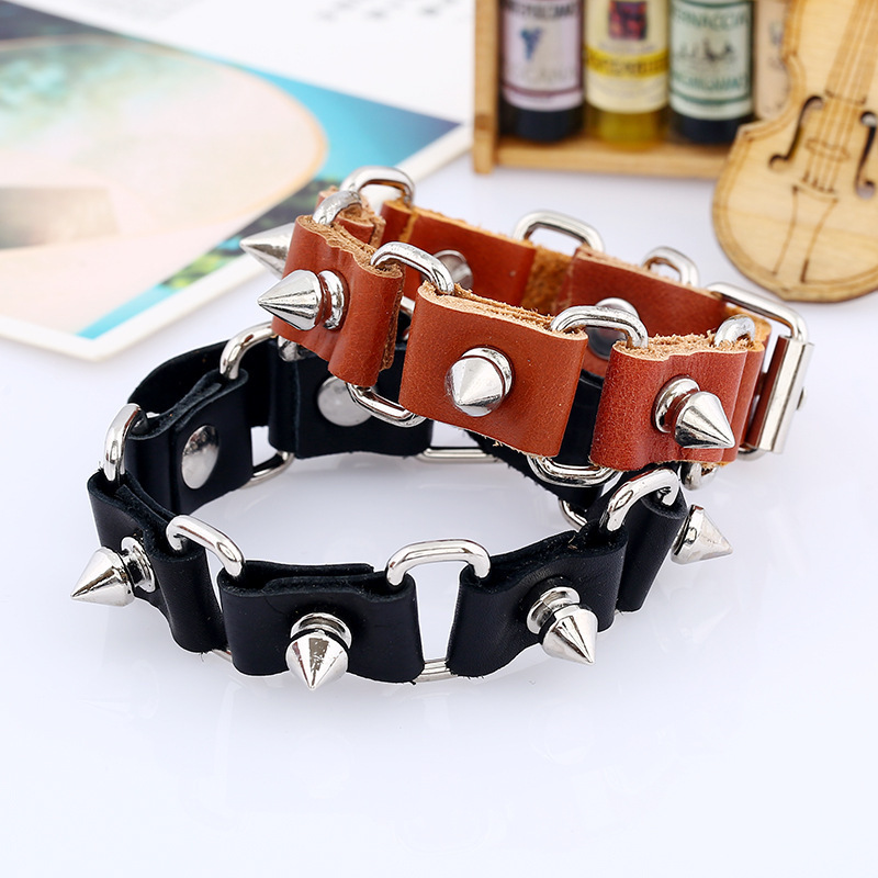Creative and Personalized Spiked Nail Decorative Ring Link Bracelet Simple Retro Style Cowhide Bracelet Cross-Border Hot-Selling Jewelry