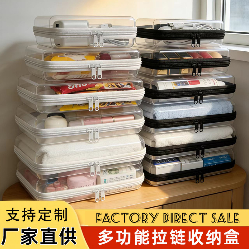跨境旅行家居桌面收纳盒透明杂物书本发饰化妆品整理盒翻盖拉链式