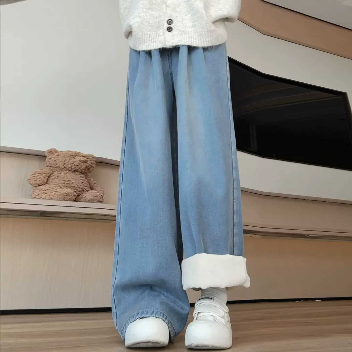 加绒牛仔裤女秋冬2025新款宽松大码垂感直筒高腰显瘦松紧腰阔腿裤