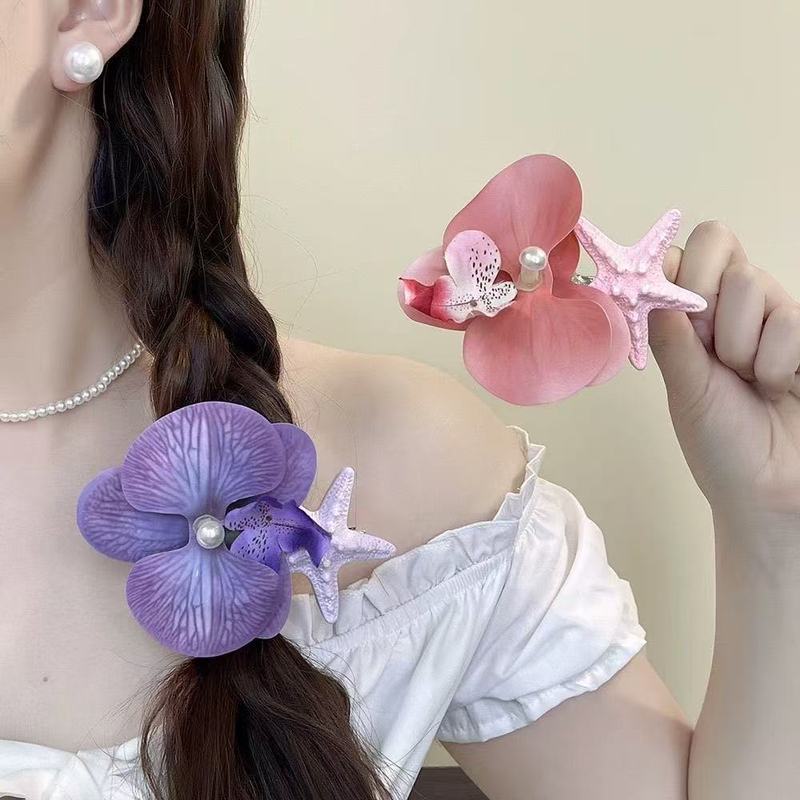 ロマンチックな島!ヒトデ胡蝶蘭ヘアピン!海辺のリゾート風サイドクリップ模擬花ヘアアクセサリーヘアツイスター|undefined