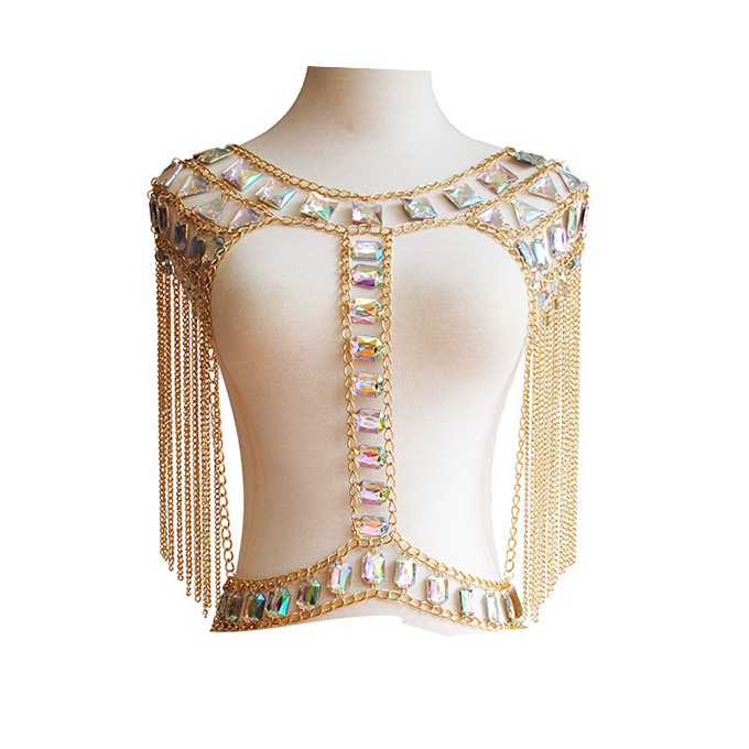 Cadena de pecho sexy europea y americana para mujer, estilo veraniego de playa, chaleco con borlas, conjunto de cadenas corporales de acrílico con gemas, venta al por mayor transfronteriza. image 12