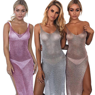 New Amazon Beach Cover-Up Long Skirt Fashionable Knitted V-Neck Backless Suspender Dress Beach Sun Protection Clothing for Women