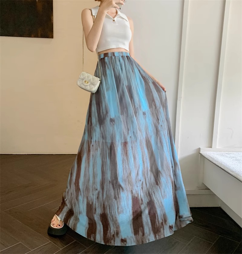 350g Weight Maxi Long Dress Dress Length Type Skirt Dresses Type Spandex, Polyester Fabric Type High Waist Waist Line Micro-Elastic Elasticity Holiday, Daily Occasion Loose Fit Type Printing Pattern Summer, Spring Season Women's Gender Vintage Style, Streetwear Style Blue Color Vintage Tie-Dye Midi Skirt For Women Spring Summer Vacation Style High Waist Slimming A-Line Skirt Draped Long Skirt Niche Flared Skirt Street Style High Street 8