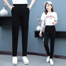 纯棉纯色黑色松紧高腰休闲运动裤女夏季简约通勤遮肉显瘦小脚卫裤