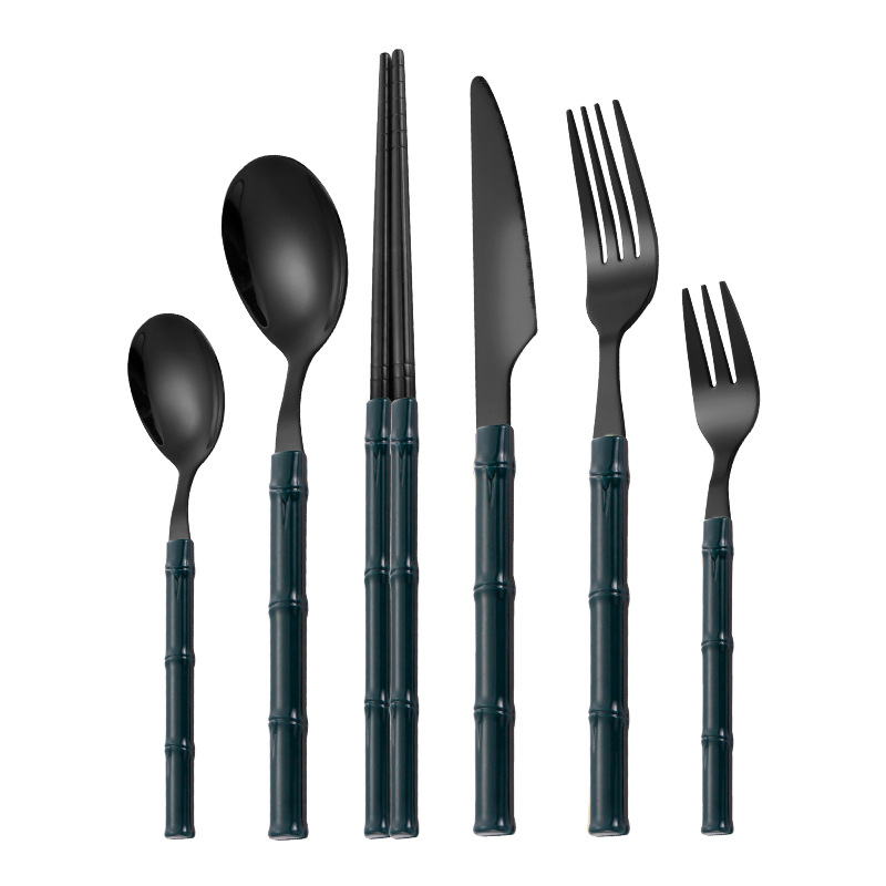 Cuchillo de acero inoxidable, tenedor y cuchara Hotel creativo vajilla occidental cuchillo de filete, tenedor y cuchara Palillos de bambú de imitación transfronteriza