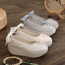 高跟素锦新款汉服鞋纯色暗花布鞋民族风禅修软底透气古风学生女鞋