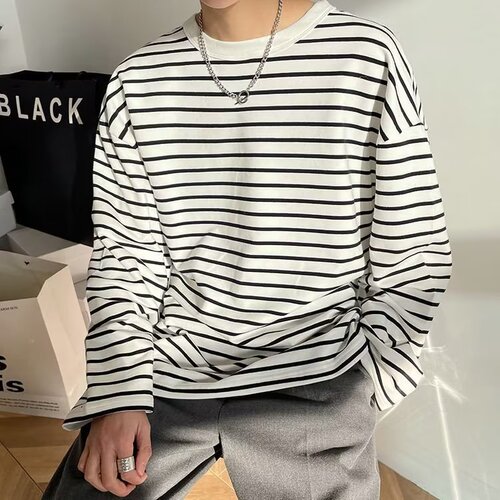 Striped T-shirt for Men - Spring and Autumn New Korean Style Loose Trendy Casual Matchable Crew Neck Long Sleeve T-shirt Underwear