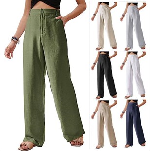 2023 Cross-border Women's Linen Pants High Waist Trousers Straight Wide Leg Elegant Trousers Casual Button Summer Beach Pants
