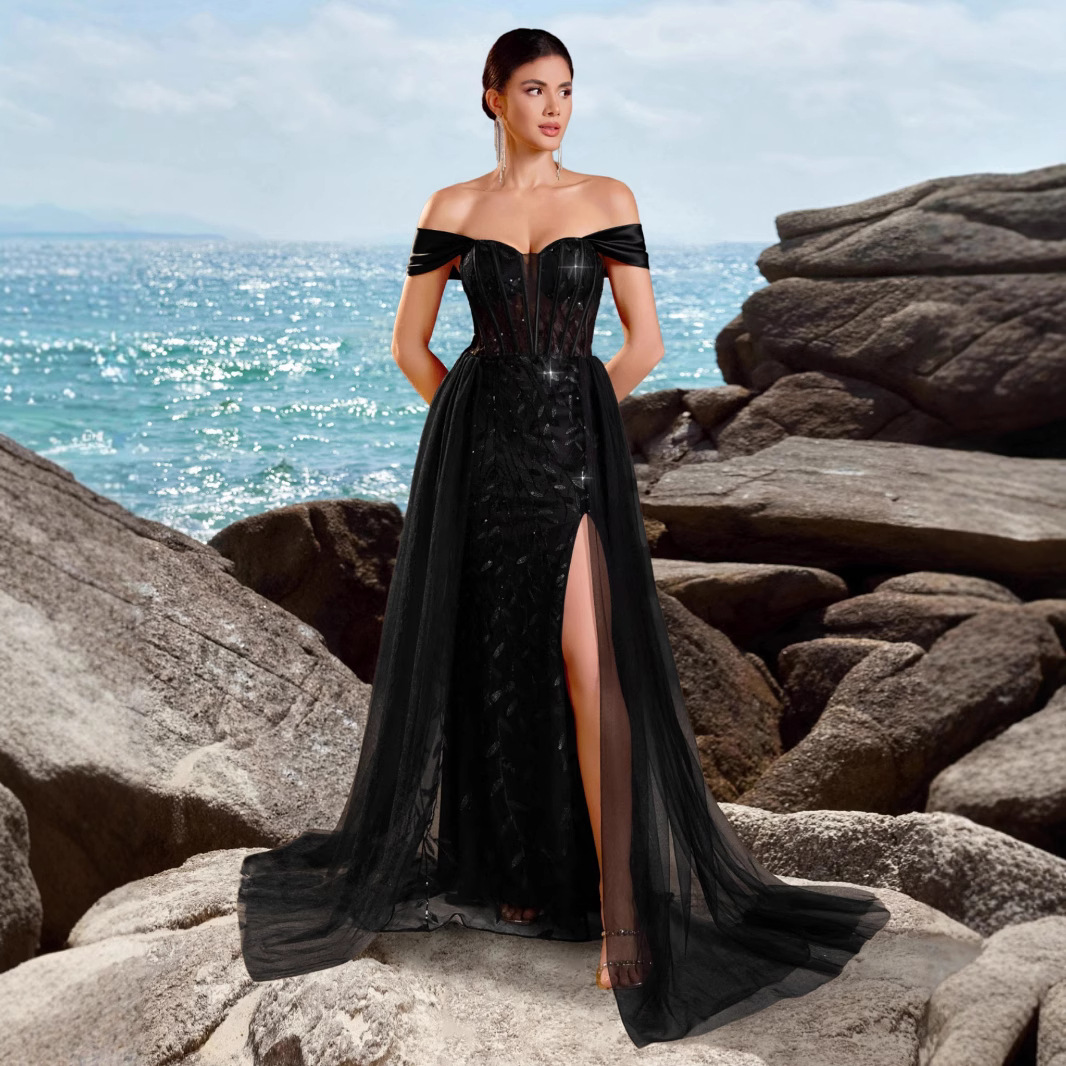 European and American Cross-Border Amazon Strapless Party Evening Dress Elegant Off-Shoulder Slit Heavy-Duty Ball Gown