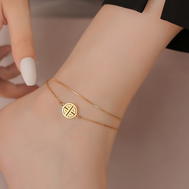 FuXi no pierde la tobilla de acero de titanio de doble capa de moda femenina nueva moda de moda de oro 18K joyería de pie simple
