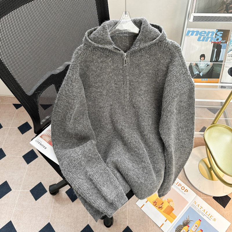 Winter Thickened Hooded Knitwear Loose Ins American Couple Men's Sweater Fashionable and Handsome Half-Zipper Jacket