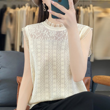精纺羊毛镂空蕾丝短袖针织衫女春夏季无袖毛衣打底衫气质修身上衣