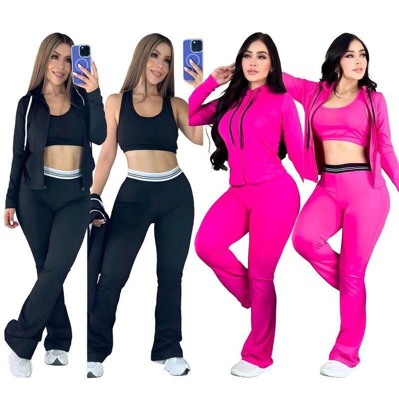 Stretchy, figure-hugging yoga three-piece set: hooded jacket, sports tank top, and high-waisted flared pants – a casual outfit. Q6400