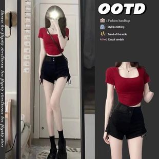 Red Top Denim Shorts Two-Piece Internet-Popular Cool Salt-Series Small Girl Age-Reducing Western-style Wear for Summer Spice Girls suit