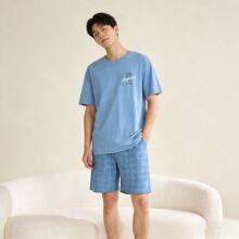 A类抗菌男士夏季睡衣新品棉短袖短裤格子家居服可外穿