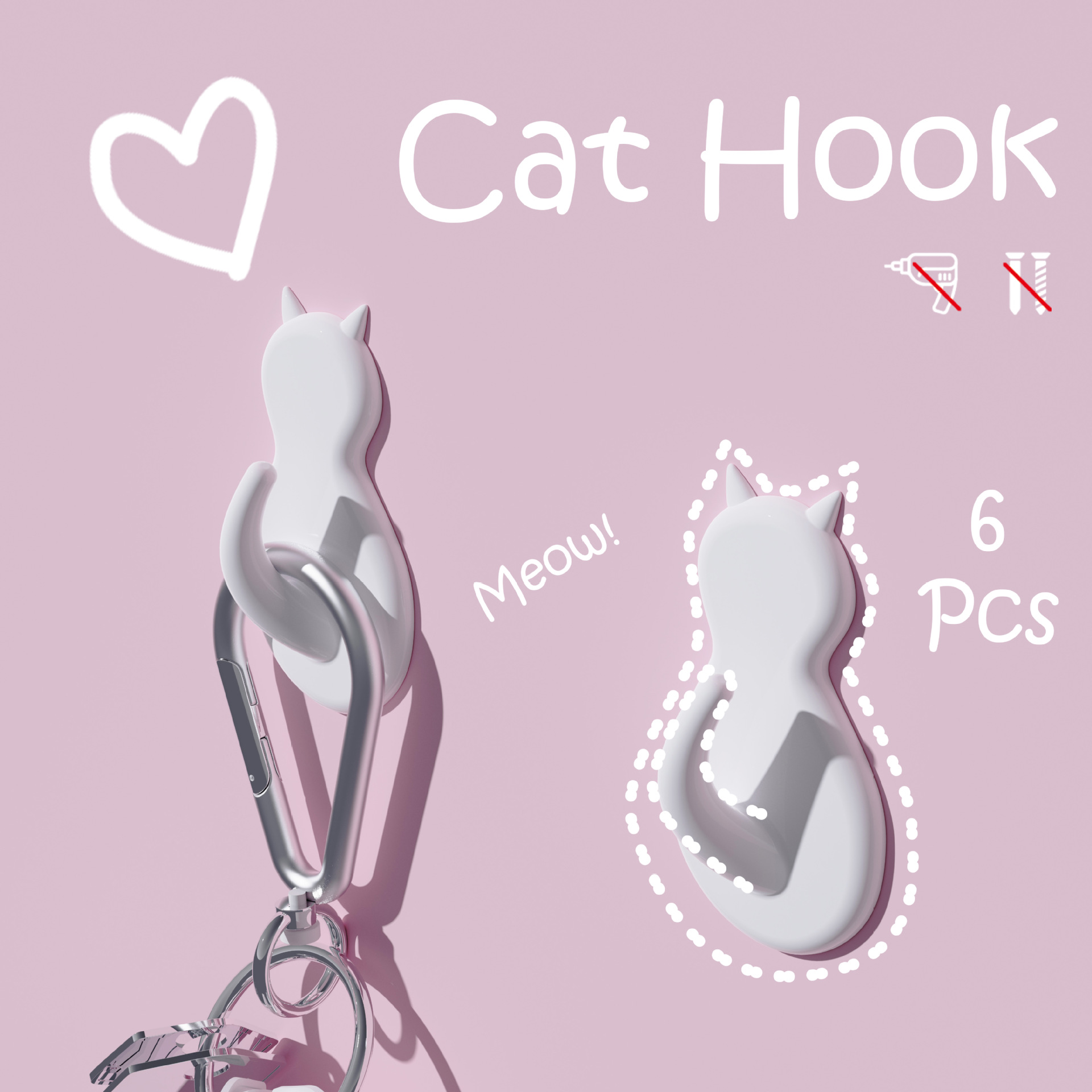 Japanese Creative Transparent Cat Tail Hook, No-Drill Bathroom Kitchen Wall Hook, Traceless Adhesive Hook for Cats