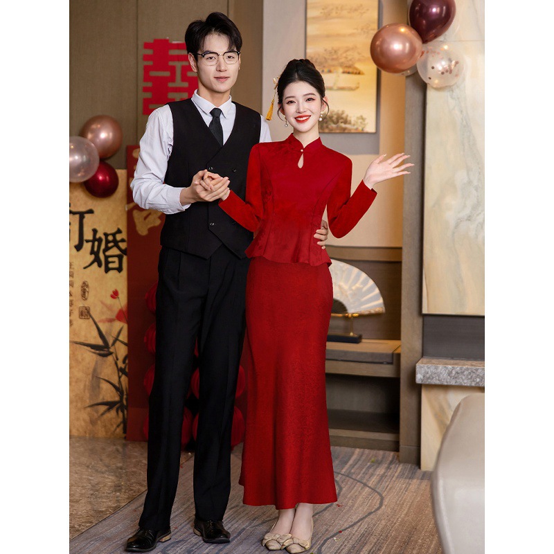 Modest and Elegant Bride's Toast Dress Wedding Red Engagement Dress Long-Sleeved Suit Cheongsam Home New Chinese Style