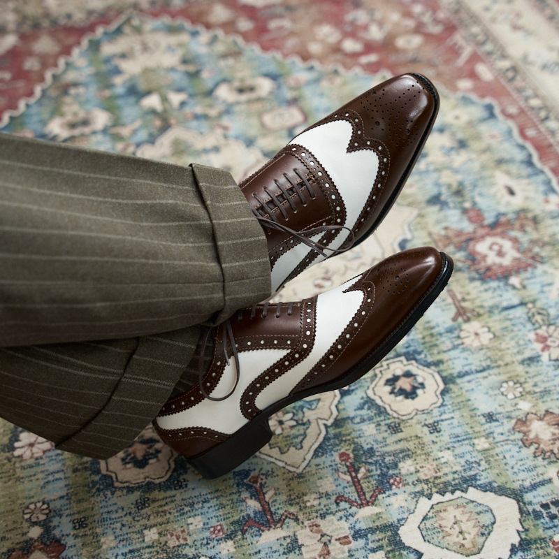 Men's Brogue Carved Splicing Leather Shoes Men's Genuine Leather Formal British Black and White Color Blocking Champagne Oxford Shoes Business