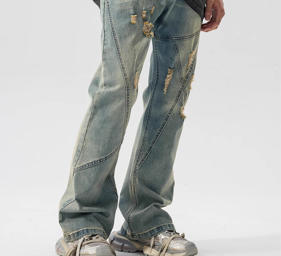 American Old Worn Jeans Men's Loose And Slightly High Street Line Design Style Pants_mkmklike.com