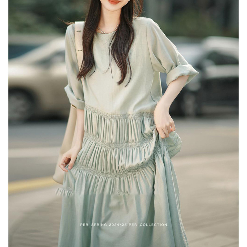 Foreign trade love burst 2.0 dress | round neck cake skirt 24 new acetic acid long dress