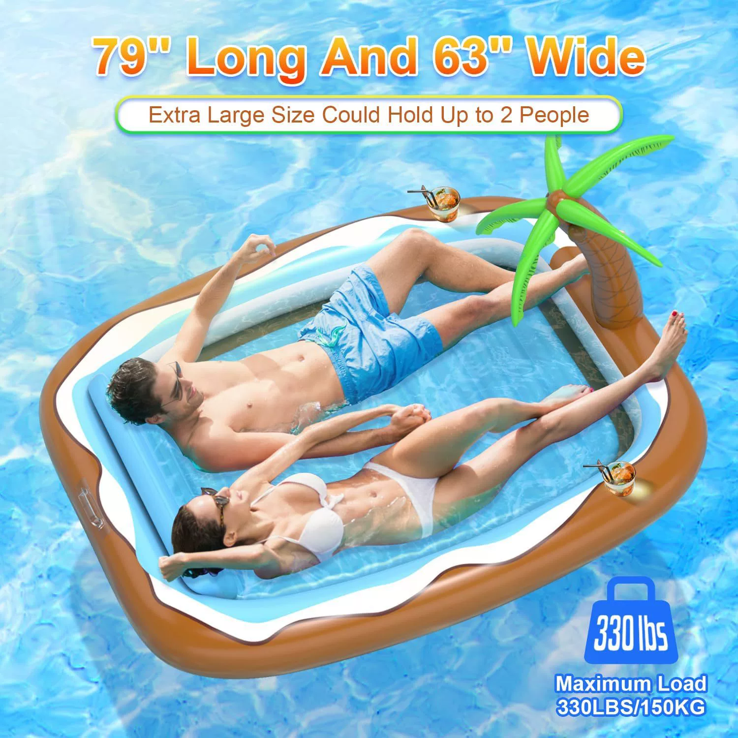 Надувной бассейн для загара для взрослых, квадратная плавающая лодка со съемной подушкой, плавающий бассейн для загара, двойной бассейн с кокосовыми пальмами для моря